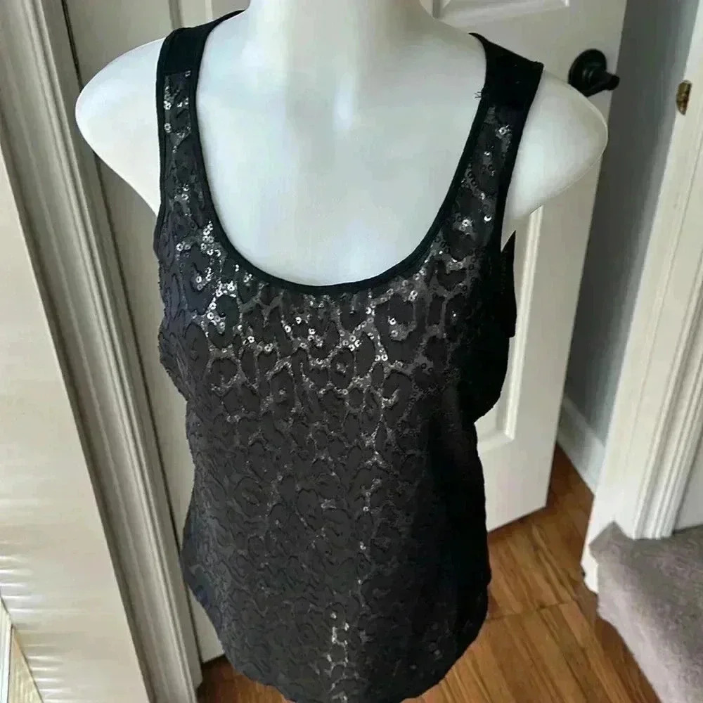 Size S black with beige sequins in leopard print design tank from The Limited